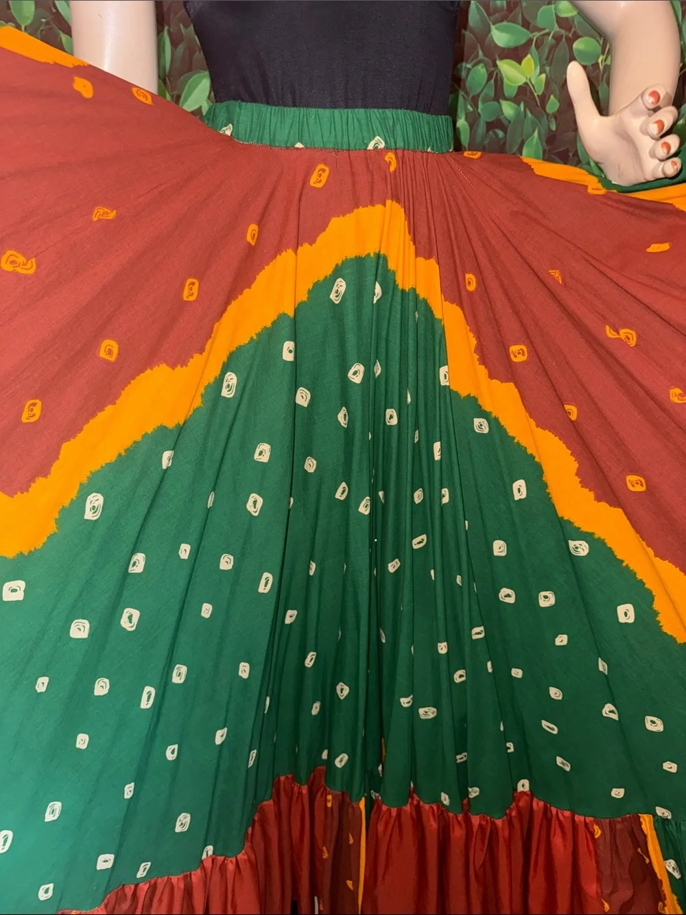 Ethnic Print Ruffle Bottom Maxi Flare Skirt